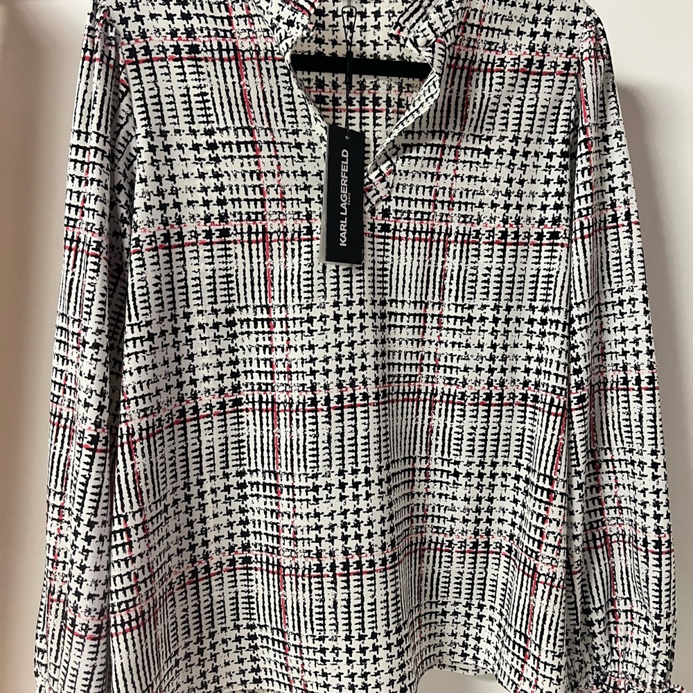 Karl Lagerfeld White and Black Boxy Blouse with Mandarin Collar